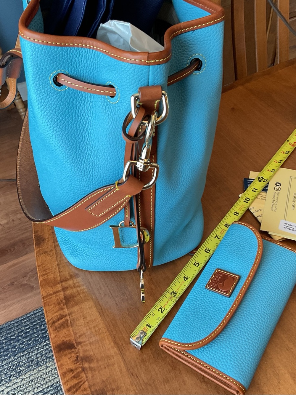 Dooney & Bourke Sky Blue pebble Drawstring Bucket Bag with Matching Wallet - Picture 6 of 15